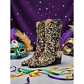 economico Scarpe da donna-Stivali western in paillettes viola da donna per il Mardi Gras con tacco a blocco design luccicante perfetti per Carnevale feste e abbigliamento da festival