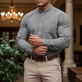 abordables camisas casuales de los hombres-Hombre Camisa Camisa casual Camisa con cuello mao Rosa Azul Marino Gris Manga Larga Plano Collar mandarín Casual Exterior Bolsillo Ropa Poliéster Neutral Moda Diario Casual