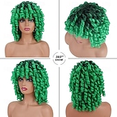 economico Parrucche da festa-Parrucche Verdi per Donne Parrucca Corto Riccio Con Frangia Sintetica Afro Larga Riccia