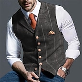 olcso Férfi mellény-férfi tweed mellény vintage divatos tavaszi &amp; őszi gombos gyapjúkeverék kényelmes sima egysoros v nyakú normál szabású mélyzöld sötétkék sötétszürke világosszürke mellény