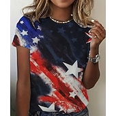  独立記念日 愛国者 女性用Tシャツ グラフィック フラッグ ヴィンテージ スタイリッシュ カジュアル 半袖 クルーネック レギュラー トップス デイリー ウィークエンド プリント ネイビーブルー 夏 春