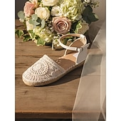 ieftine Femei-Sandale plate de damă, tip espadrilă, din dantelă albă – pantofi boho pentru domnișoare de onoare pentru nunți pe plajă, design confortabil croșetat, cu vârful închis, pentru ceremonii în aer liber
