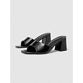 abordables Mujeres-Elegantes mules blancos de tacón cuadrado para mujer: zapatos de vestir cómodos con tacón grueso para invitadas a bodas en la playa y fiestas de verano junto al mar.
