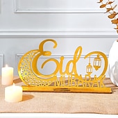 tanie Ramadan i Eid-drewniana, pusta dekoracja z motywem księżyca i literą „mubarak” na ramadan i eid – złoty lustrzany akcent, idealna na ramadan, islamskie dekoracje świąteczne i domowe przyjęcia
