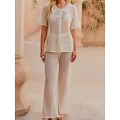 رخيصةأون ملابس علوية للشاطئ-نسائي ملابس السباحة تغطية الجسم 2 قطعة ملابس السباحة مقصوص محبوك العطلة ملابس الشاطئ لون الصلبة رقبة دائرية كم قصير بدلة سباحة