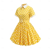 preiswerte Kleider-1950er Retro Vintage Rockabilly Knielang Swing-Kleid Ausgestelltes Kleid Kurze Ärmel Tupfen Tailliert und ausgestellt Kostüm Mädchen Karneval Valentinstag Lässig Heimkehr Retro-Mottoparty Kinder Kleid