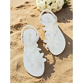 tanie Panna młoda-białe sandały damskie z kwiatowym wzorem i koralikami - eleganckie płaskie buty ślubne na plażowe ceremonie, suknie ślubne &amp;obuwie dla druhen na lato na imprezy plenerowe nad morzem