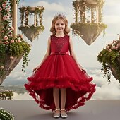 voordelige Bloemenmeisjes Jurken-Bloemenmeisjesjurk, communiejurk, formele jurk voor meisjes, trouwkleding, feestkleding, formele mode voor bruiloften, schattige patchwork, mesh, effen kleur, mouwloos, ronde hals, geel, roze, 4 jaar