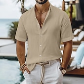 voordelige Vakantie-Voor heren Linnen overhemd Zomer overhemd Strand Kleding Overhemd met knopen Effen Casual Vakantie Zwart Wit Lichtgroen Blozend Roze Korte mouw Strijkijzer Zomer Kleding