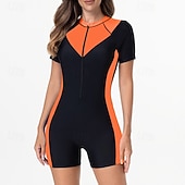 baratos Rash Guards de Uma Peça-Mulheres Anti Atrito Roupa de banho One Pieces Retalhos Zip Up Proteção UV Elasticidade Alta Manga Curta Roupa de Banho Surfe Mergulho Snorkeling Verão