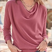 abordables Camiseta lisa-Mujer Blusa Tops elegantes Frunce Retazos Color sólido Plano Elegante Vintage Diario Manga Larga Cuello vuelto holgado Tops regulares Diario Trabajo Festivos Rosa Rojo Naranja Verde Trébol Otoño