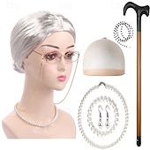abordables Pelucas de fiesta-Peluca de anciana con rulos, collar de perlas, pendientes y bastón para mujeres y niñas, disfraz de abuela para cosplay de 100 días de escuela, accesorio para fiesta de Halloween