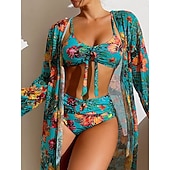 halpa 3 kpl bikinisetti-Naisten bikinit 3-osainen uimapuku palm alushousut slim selkä avoin lomaranta-asu kukkakuviolla lehtikuvio pyöreä kaula-aukkoinen hihaton uimapuku