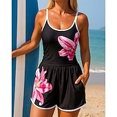 cheap One Pieces Rash Guards-Women's Floral Print Swimsuit One Pieces High Waisted Ruched Swimsuit Solid Colored Elastic Sleeveless Swimwear Surfing Snorkeling Swimming Summer