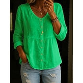 abordables Camisas-Blusa de Algodón y Lino para Mujeres Botones Color Sólido Elegante Casual Manga Larga Cuello en V Tops Regulares Diario Blanco Amarillo Rosa Verde Verano Primavera Otoño