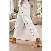abordables Fondi-Women's Summer Pants 100% Cotton Pants Trousers Vacation Streetwear Casual Full Length Medium Waist Solid Color Drawstring Pocket Side Button Comfortable Breathable Inelastic Daily Outdoor Street