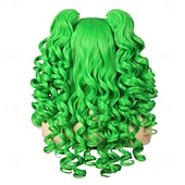 baratos Perucas de festa-Perucas Verdes Peruca Sintética Cacheada com 2 Rabo de Cavalo Peruca Feita à Máquina Longo Cabelo Sintético Verde Mulheres Festa Natural Verde
