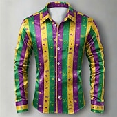 Недорогие Мужская атласная рубашка-Мужская рубашка для карнавала Марди Гра, атласная рубашка с графическим принтом в полоску и маской – классический полосатый фестивальный стиль.