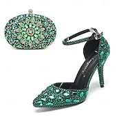 preiswerte Klassische Pumps-Damen Cocktail Club Party Strass Kristall Schnalle Stiletto Spitze Zehe Mode Niedlich luxuriös PU Schnalle Silber Rot orange Schwarz und Violett