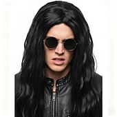 voordelige Historische pruiken-Lange zwarte pruik voor mannen met zwart krullend haar voor een hippiefeest.
