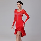 cheap Competition Dress-Women's Black Rhinestone Latin Dance Dress - Long Sleeve Mesh Ruffled Asymmetrical Ballroom Performance Dress