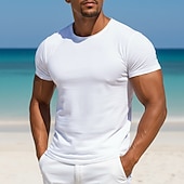 preiswerte Baumwoll-Leinen T-Shirts-Herren T-Shirt T-Shirt aus 100 % Baumwolle Kurze Ärmel Rundhalsausschnitt Sommer Frühling &amp; Herbst Einfach Texture Mode Designer Basic Klassicher Stil Lässig Urlaub Straße Blau Schwarz Weiß Top