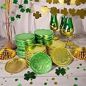 tanie Dzień Świętego Patryka-Złote monety na dzień św. Patryka - 100/200 sztuk złotych zielonych monet na szczęście, plastikowe monety koniczyna skrzat, moneta z 3-listną koniczyną do dekoracji i upominków na imprezę