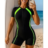 お買い得  ワンピースラッシュガード-女性用 ラッシュガード 水着 ワンピース カラーブロッキング ジッパーを閉める UVプロテクション 弾性ある 半袖 スイムウェア サーフィン ビーチ 水泳 夏