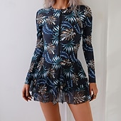 رخيصةأون مايوهات تانكيني-نسائي ملابس السباحة قطعة واحدة مايوه تنورة ملابس السباحة سحاب العطلة ملابس الشاطئ الرسم أوراق رقبة عالية كم طويل بدلة سباحة