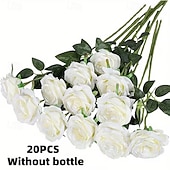 お買い得  造花-20本の枝の人工シルクローズ、リアルな長い茎の白いバラのブーケ、DIYホームウェディングパーティーの装飾用の丈夫な造花、エレガントなテーブルセンターピース、複数の色