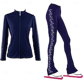 お買い得  フィギュアスケートのトレーニングウェア-フィギュアスケートジャケットとパンツ レディース 女子 アイススケート 衣装 ブラック ストレッチ トレーニング 競技 スケートウェア 保温 暖かい クリスタル/ラインストーン 長袖 アイススケート フィギュアスケート