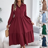 cheap Plain Dress-Women's Midi Dress A Line Dress Casual Daily Regular Fit Plain Long Sleeve Lapel Blue Navy Wine Green Spring