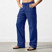 cheap Classic-Men's Cargo Pants Linen Pants Trousers Summer Pants Drawstring Elastic Waist Multi Pocket Plain Comfort Breathable Full Length Casual Daily Holiday Vacation Fashion Black White Inelastic