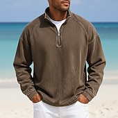 economico T-shirt in Cotone e Lino-Per uomo Camicia 100% cotone lavaggio acido Maglietta Manica Lunga Collo alla coreana Autunno &amp; Inverno Primavera Autunno Semplice Vintage Streetwear Casual Con zip Tinto in capo Sbiadito Casuale