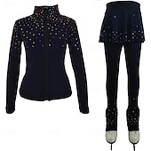 preiswerte Eiskunstlauf Trainingsoutfit-Eiskunstlaufjacke mit Hose, Damen- und Mädchen-Eiskunstlaufbekleidung, blau, dehnbar, Trainings- und Wettkampfbekleidung, wärmend, mit Kristall-/Strasssteinen, langärmlig, Eiskunstlauf