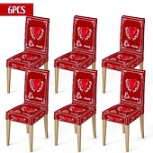 رخيصةأون غطاء كرسي الطعام-غطاء كرسي طعام مطاطي لعيد الحب، بنقشة مربعات الجاموس باللونين الأسود والأبيض مع قلب وقوس على مسند الظهر، غطاء كرسي شتوي قابل للإزالة والغسل للمنزل والمطعم والمطبخ وغرفة المعيشة (1/4/6 قطع)