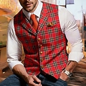 economico Gilet da uomo-Per uomo Gilet Vacanza Carnevale Feste Moda Streetwear Primavera Autunno Bottoni Poliestere Traspirabilità Plaid Monopetto Scollo a V Vestibilità su misura La luce rossa Rosso Gilet