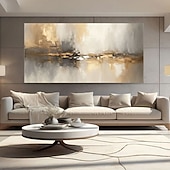 baratos Pinturas a Óleo-Pintura abstrata dourada de um lago, pintada à mão sobre tela, paisagem metálica moderna com textura, arte de parede para sala de estar em tons neutros de cinza e bege, decoração de luxo.