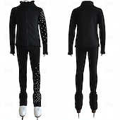 preiswerte Eiskunstlauf Trainingsoutfit-Eiskunstlaufjacke mit Hose, Damen- und Mädchen-Eiskunstlaufbekleidung, schwarz, dehnbar, Trainings- und Wettkampfbekleidung, wärmend, mit Kristall-/Strasssteinen besetzt, langärmlig, Eiskunstlauf