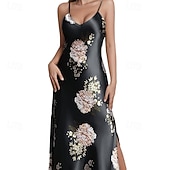 halpa Naisten haalarit-Naisten Yöpaita Vapaa-aika Pehmeä Satiini Kukka Avoin selkä Päivittäin Koti Sänky Hihaton hihnat Sininen Musta Rubiini Apila Kesä Loose Fit