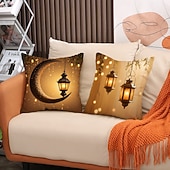 baratos Jogue travesseiros, inserções e capas-Capa de almofada decorativa para o Ramadã e Eid, lua crescente dourada &amp;Almofada de sofá em estilo étnico com estampa de lanternas, decoração para festivais do Oriente Médio, ideal para sala de estar