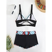 billige Bikinisett-Dame Bikini 2 Delt Badedrakt Boho Shorts Slim Uten Rygg Ferie Strand Bekledning Fargeblokk Geometrisk V Hals Uten Ermer Badedrakter
