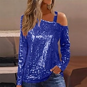 preiswerte Schicke Blusen-Damen Bluse Elegante Oberteile Pailletten-Oberteile Gerafft Pailletten Patchwork Einfarbig Einfach Elegant Vintage Stilvoll Langarm Asymmetrisch Normale Oberteile Täglich Arbeit Ausgehen Blau Schwarz