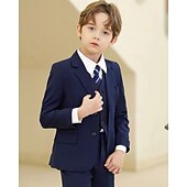 cheap Ring Bearer Suits &amp; Outfits-5 Pieces Ring Bearer Suit Boys' Kids Suit Blazer &amp; Vest &amp; Pants &amp; Shirt &amp; Tie Boy's Formal Suit Casual Outdoor Party Fashion Cool Basic Solid Color Pocket Buttons Black Navy Blue Polyester