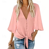 billiga Kostymblusar-Dam Blus Chiffong toppar Lappverk Slät Elegant Stylish 3/4 ärm V-hals Vanliga toppar Dagligen Helgdag Utekväll Svart Vit Rodnande Rosa Marinblå Sommar Vår Höst