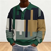 voordelige Heren Geometrisch Polo-Voor heren Kleurenblok Meetkundig Wafel Poloshirts Lange mouw Poloshirt Revers Sportkleding Casual School Sportkleding Alledaagse kleding 3D-afdrukken Lente Herfst Winter Groen