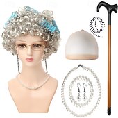 abordables Pelucas de fiesta-Peluca de anciana con rulos, collar de perlas, pendientes y bastón para mujeres y niñas, disfraz de abuela para cosplay de 100 días de escuela, accesorio para fiesta de Halloween
