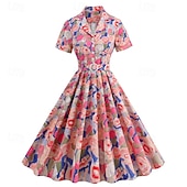 preiswerte Kleider-1950er Retro Vintage Midlänge Swing-Kleid Ausgestelltes Kleid Kurze Ärmel Blumen Tailliert und ausgestellt Kostüm Damen Karneval Valentinstag Lässig Heimkehr Retro-Mottoparty Erwachsene Kleid