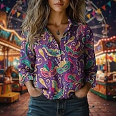 Χαμηλού Κόστους Boho Τοπς-Απόκριες Γυναικεία Πουκάμισο Μπόχο πουκάμισο Κουμπιά Στάμπα Γραφική Βίντατζ Στυλάτο Etnic Μακρυμάνικο Κολάρο Πουκαμίσου Κανονικά μπλουζάκια Καθημερινά Αργίες Εξόδου Ανοικτό Βυσσινί Βυσσινί Βιολετί