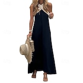Недорогие Основные искусственные платья-женское макси-платье хлопковое льняное платье платье-футляр сарафан платье с воротником-халтером модное современное платье для отдыха на природе свободное платье для прогулок платья свободного кроя цветовые блоки без рукавов с воротником-халтером черное л